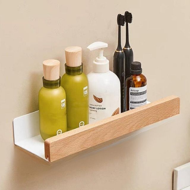 Selbstklebendes Wandregal aus Holz für Bad & Küche | Bohrfreies Ablageregal | Platzsparender Halter für Pflegeprodukte & Utensilien | Thomler