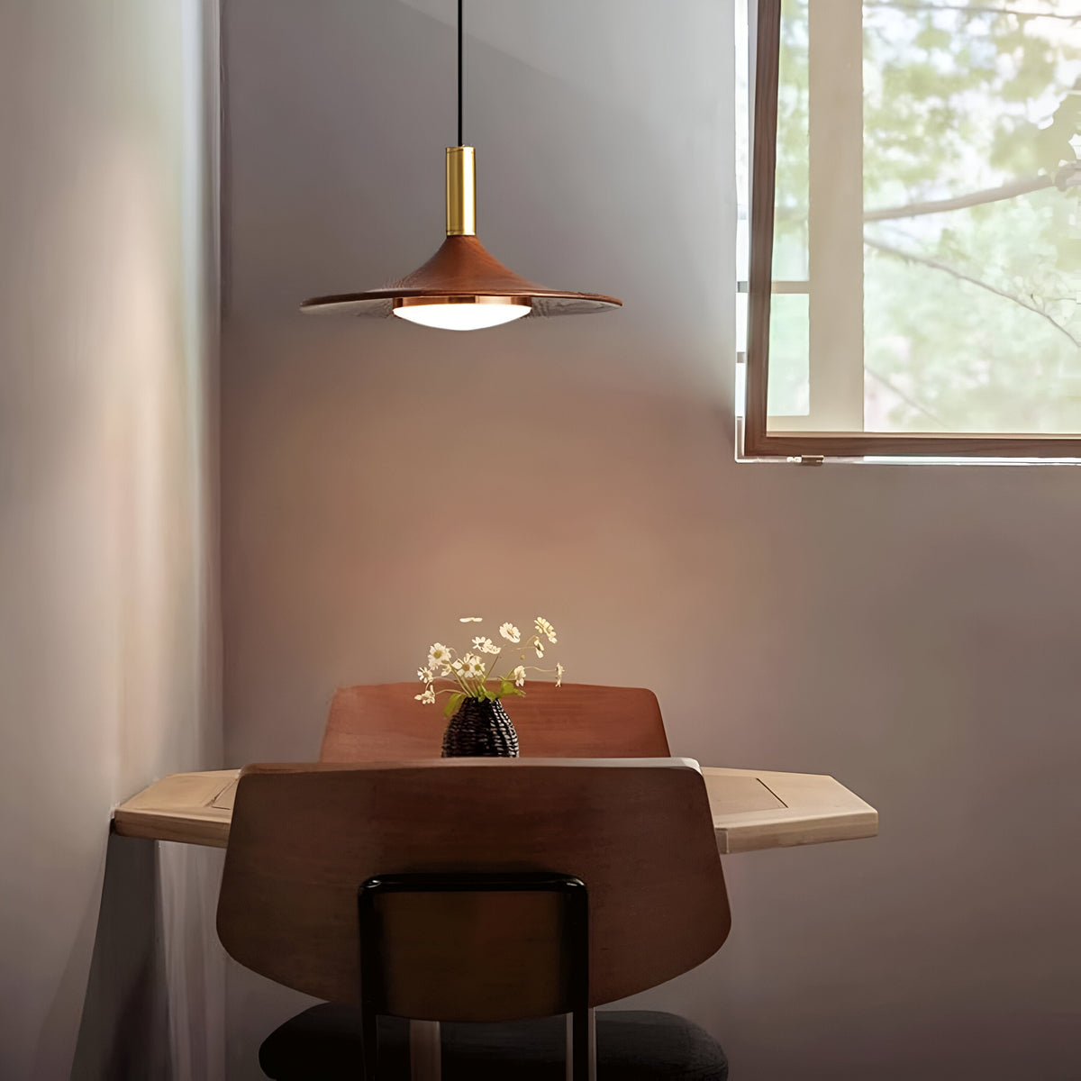 Sculptural Metal Shade Ceiling Fixture with Organic Wood-Tone Accent – 10 in or 14 in Drop Light for Island Counter Bar and Breakfast Nook – | Thomler