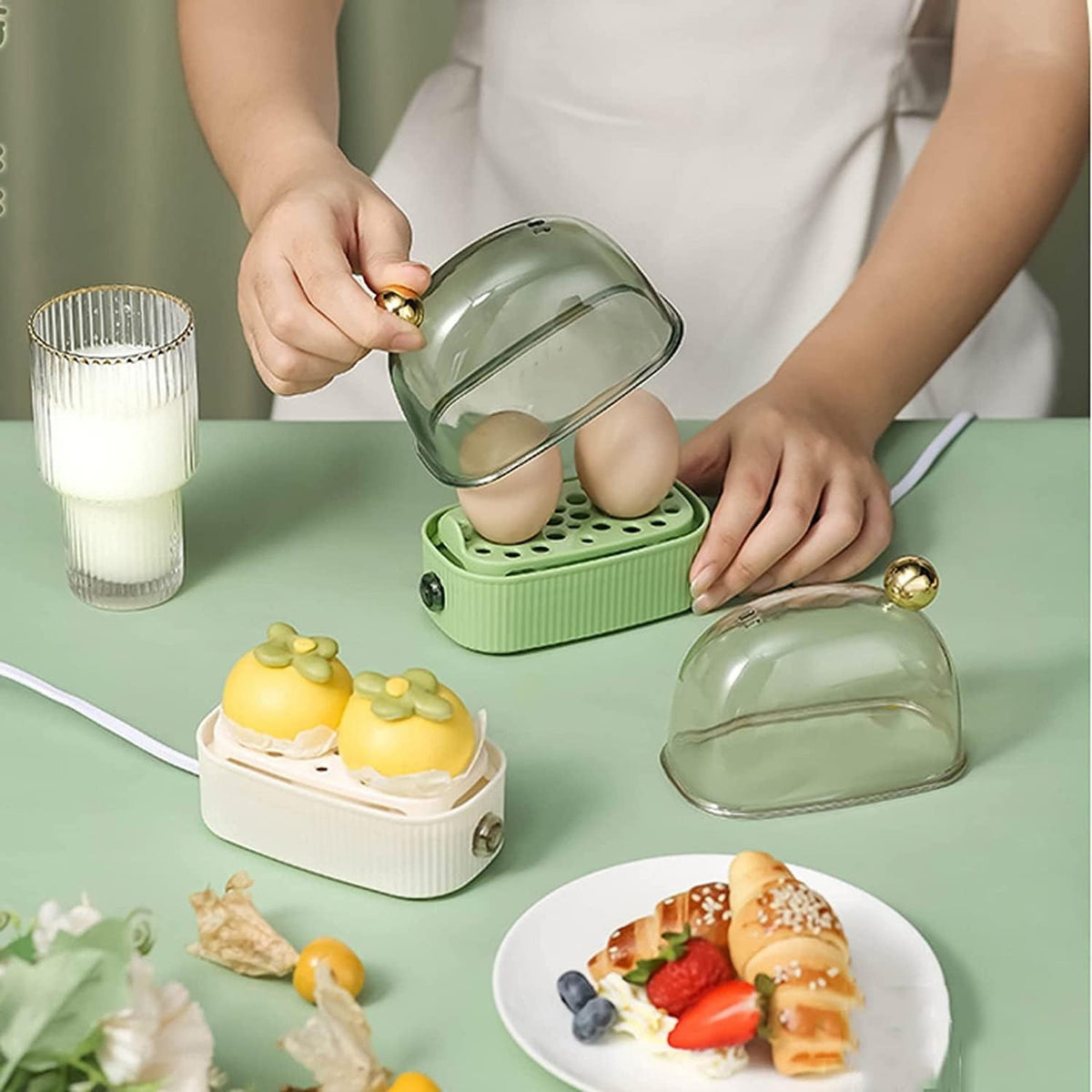 Dual-Egg Electric Steamer 5 in Wide Countertop Appliance Soft Medium Hard Boiled Breakfast Maker Small Kitchen Automatic Shutoff One-Touch B | Thomler