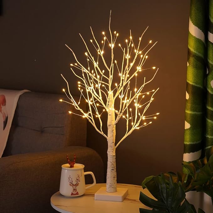 USB Rechargeable LED Birch Tree Accent Lamp 23 Inches Tall White Natural Wood Finish for Nightstand Desk Bedroom Living Room Office Ambient | Thomler