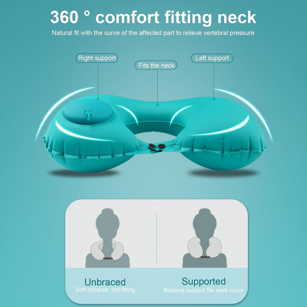 Inflatable Neck Travel Pillow with Built-In Hand Pump for Airplane, Car & Train Trips | Waterproof Ergonomic Support | Compact Portable Desi | Thomler