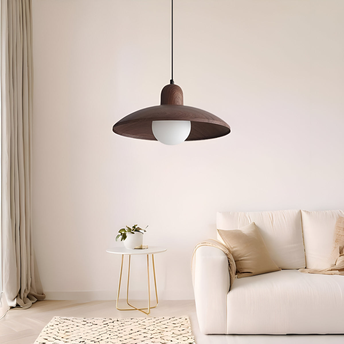 Wood Dome Ceiling Pendant 12 in Walnut Hanging Light for Kitchen Island Dining Table Minimalist Adjustable Cord E27 Socket 110V | Thomler
