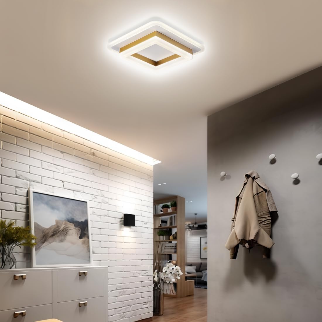 Square LED Flush Mount Ceiling Light 7.7 in Black Gold Modern Geometric Fixture for Bedroom Hallway Office Entryway Layered Frame Low Profil | Thomler