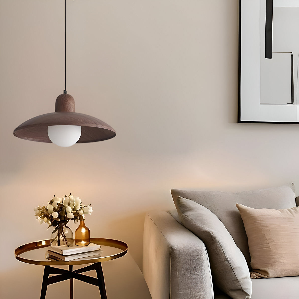 Wood Dome Ceiling Pendant 12 in Walnut Hanging Light for Kitchen Island Dining Table Minimalist Adjustable Cord E27 Socket 110V | Thomler