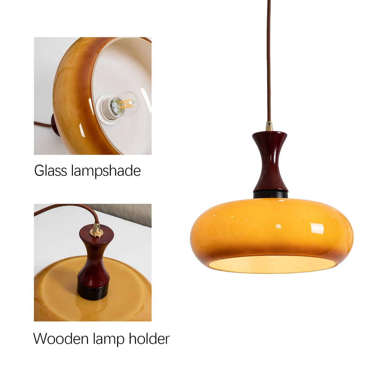 Handgefertigte Deckenleuchte aus Holz & Glas, 12-Zoll Hängeleuchte ideal für Küchen, Essbereiche, Schlafzimmer, E26-Fassung, rustikaler Bauernhausstil M | Thomler