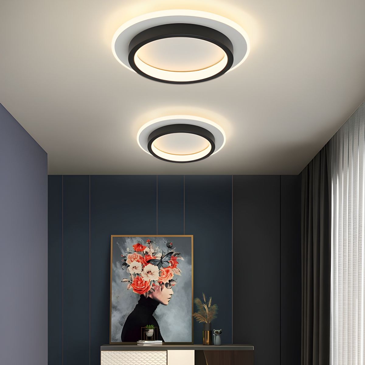 9.4 in Round LED Flush Mount Light with Ring Glow Effect for Hallways Bedrooms Entryways Modern Low-Profile Fixture Aluminum Acrylic | Thomler