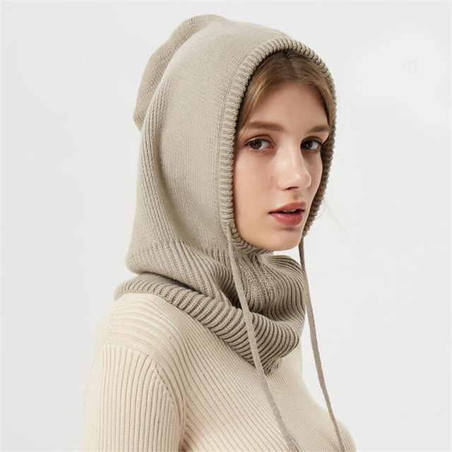 Strickmütze mit Kapuze und Kordelzug, verstellbare Passform, Kopfbedeckung für kaltes Wetter für Damen, Accessoire für den Herbst
