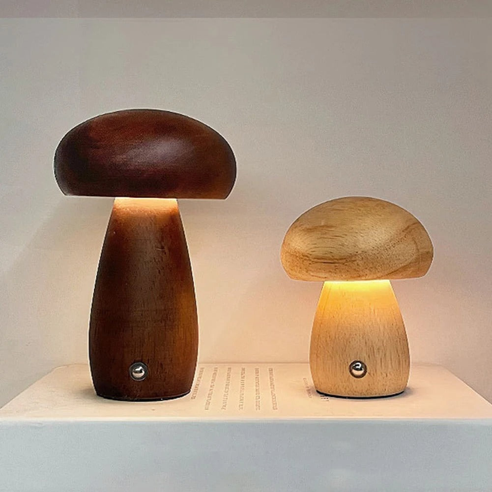 Natural Wood Toadstool Table Lamp with Adjustable Glow and USB Charging for Bedroom, Nursery, or Living Room Ambient Lighting | Thomler