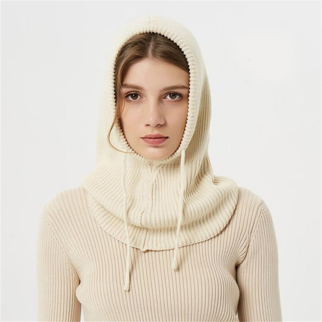 Strickmütze mit Kapuze und Kordelzug, verstellbare Passform, Kopfbedeckung für kaltes Wetter für Damen, Accessoire für den Herbst