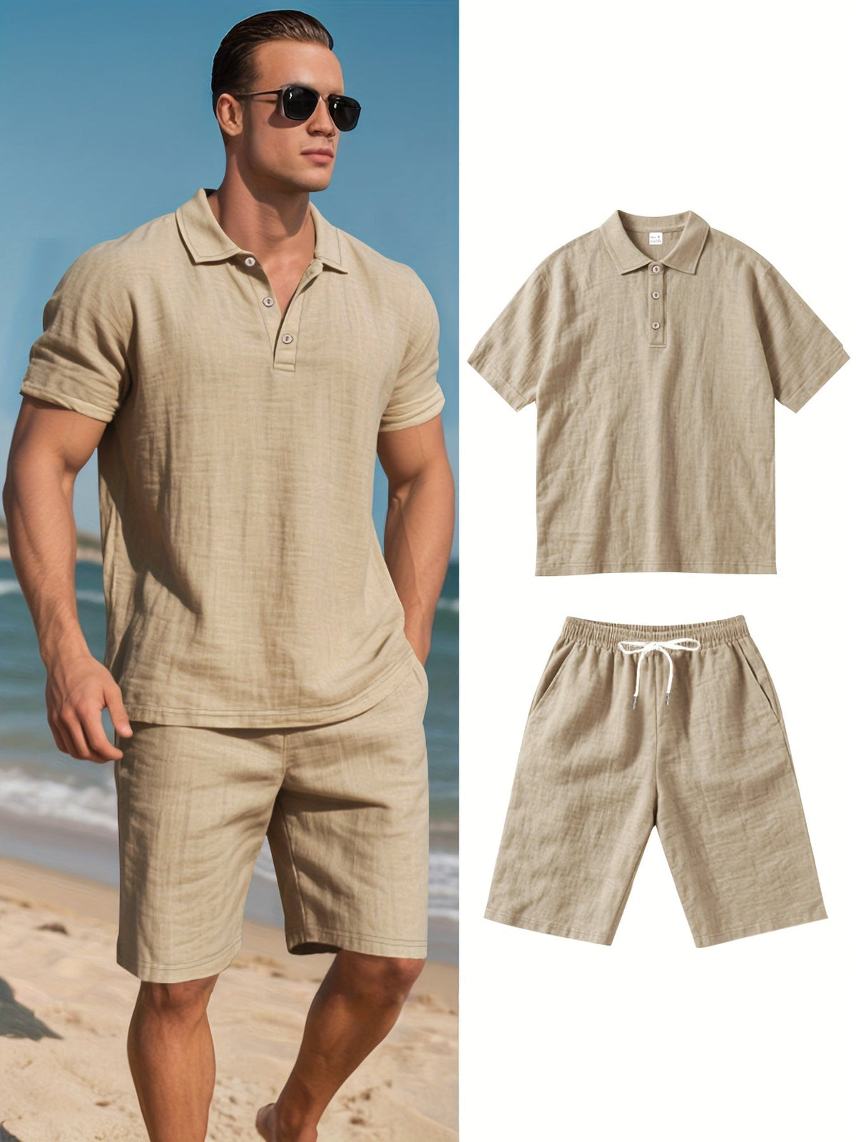 Herren-Set aus kurzärmligem Polohemd und Shorts aus Leinen, sommerliches Zweiteiler-Outfit, leicht und atmungsaktiv, Freizeitkleidung für warmes Wetter