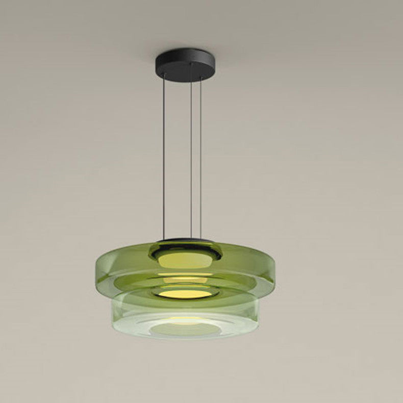 Stacked Glass Shade Ceiling Fixture 18 in Diameter Adjustable Height 12W Warm LED Kitchen Island Dining Room Modern Sculptural Hanging Light | Thomler