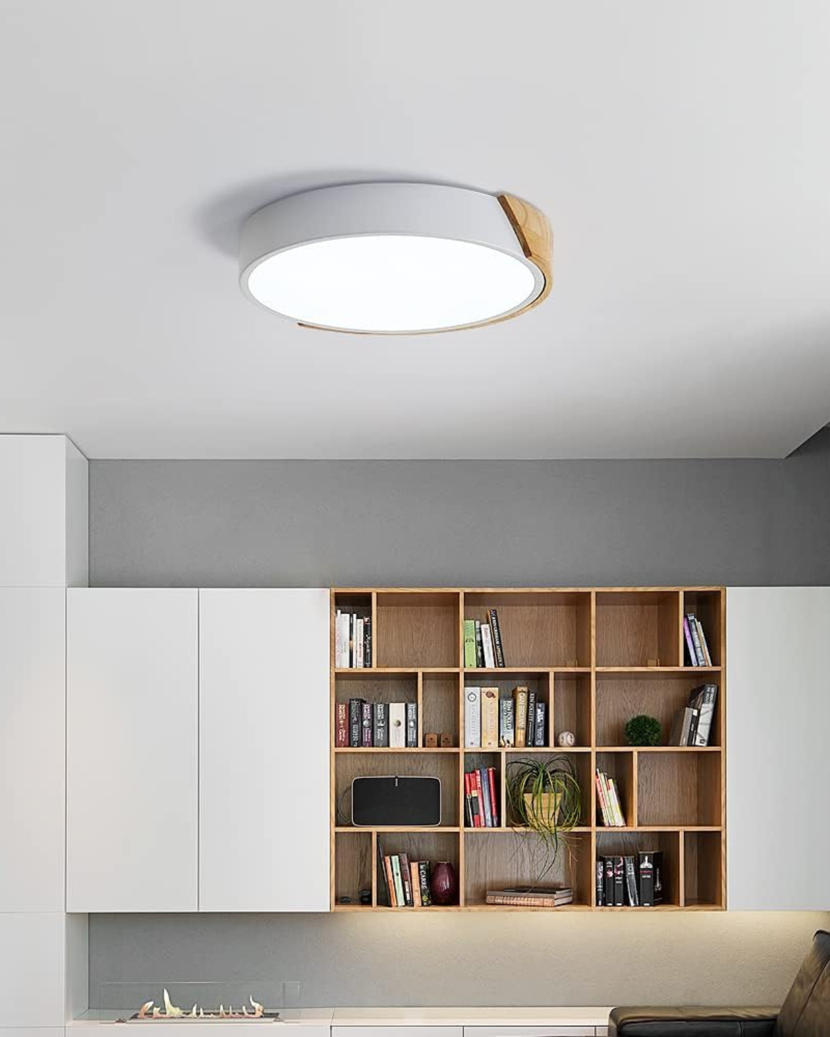 Ronde opbouwplafondlamp met houten accent en geïntegreerde LED – Moderne platte armatuur in 9, 12, 16, 20 en 24 inch maten voor Liv | Thomler