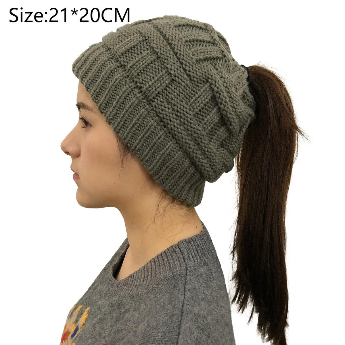 Cable-Knit Ponytail Beanie for Women – Stretchy Acrylic Wool Winter Hat