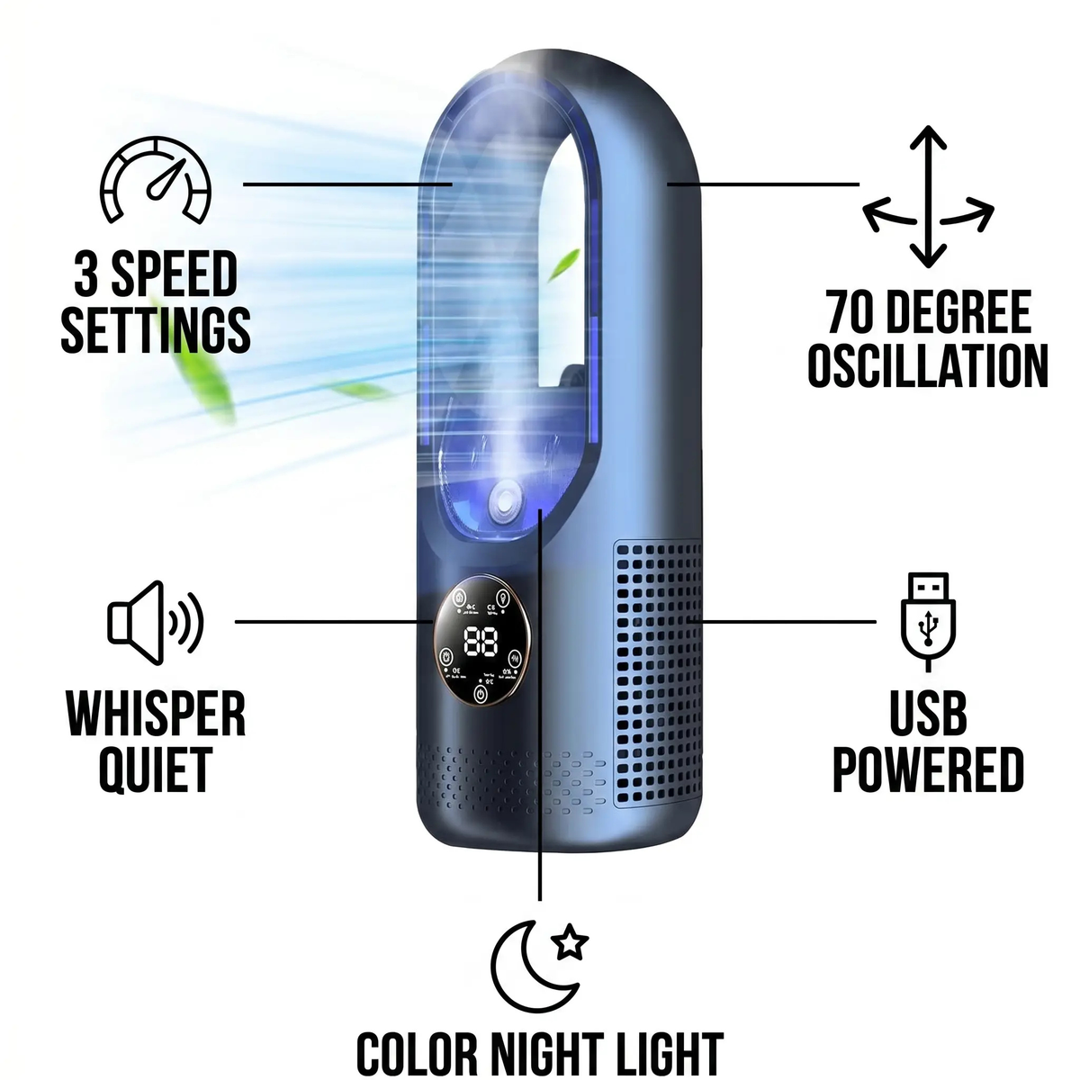 Ventilador de escritorio personal alimentado por USB, 6 velocidades, funcionamiento silencioso, diseño de seguridad, compacto para escritorio y mesita de noche, uso en oficina, hogar y dormitorio.