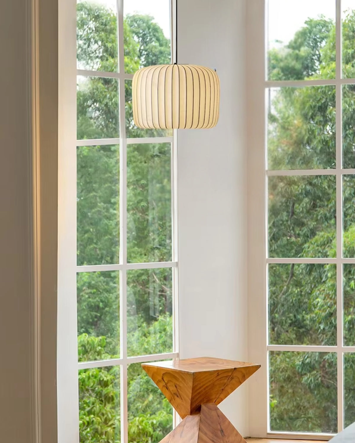 Hanglamp met stoffen trommelkap, 22 inch, neutrale tint, voor eetkamer of keukeneiland, modern Japandi-stijl, E27-fitting | Thomler