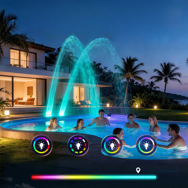 Fuente solar para piscina con luces LED que cambian de color, chorro de doble arco, 18 luces RGB, encendido automático al anochecer, inalámbrica y recargable, para piscinas sobre suelo Intex Bestway | Thomler