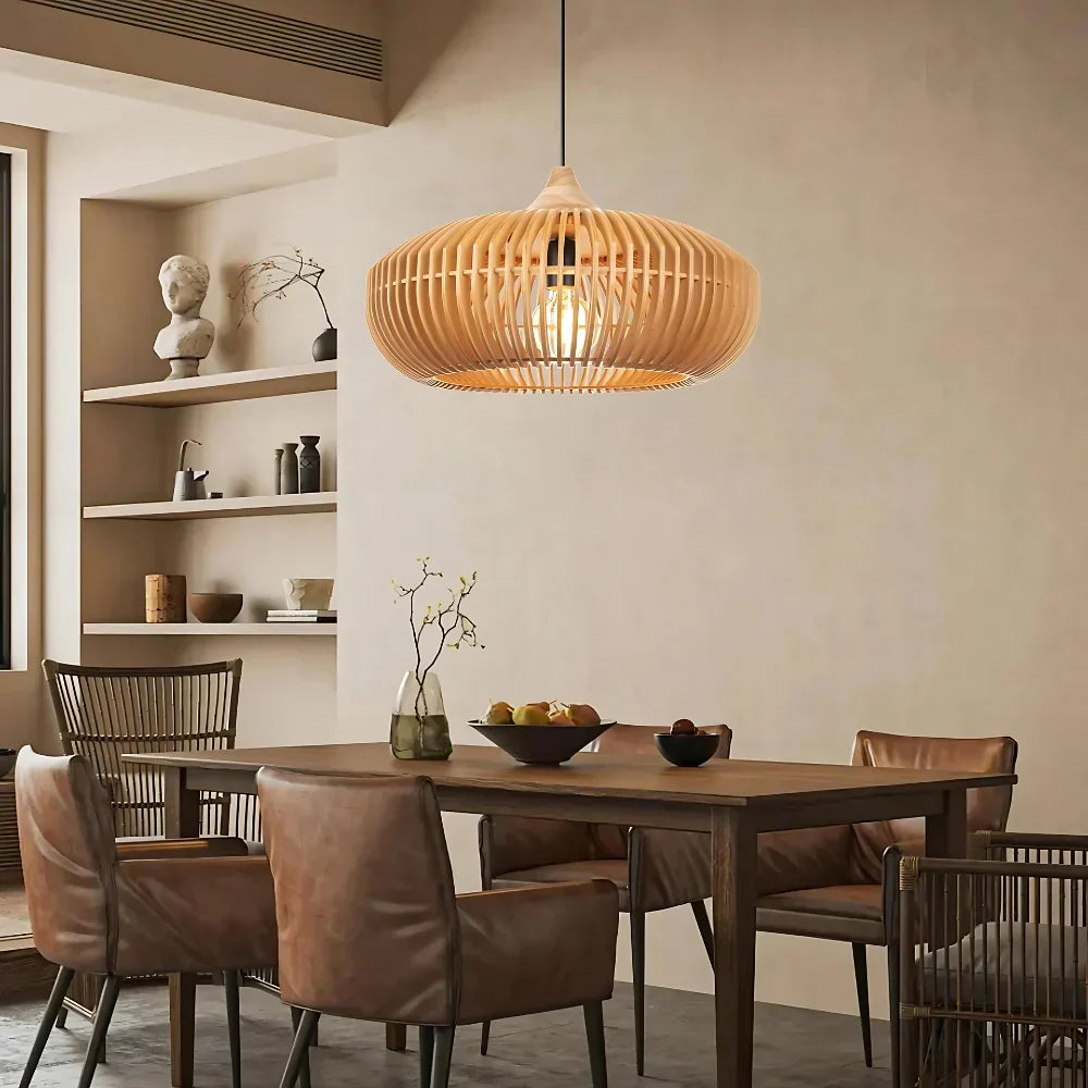 Wood Slat Ceiling Fixture Round Natural 17-Inch Japandi Style Above Table Island Ambient Hanging Light for Dining Kitchen Living Room | Thomler