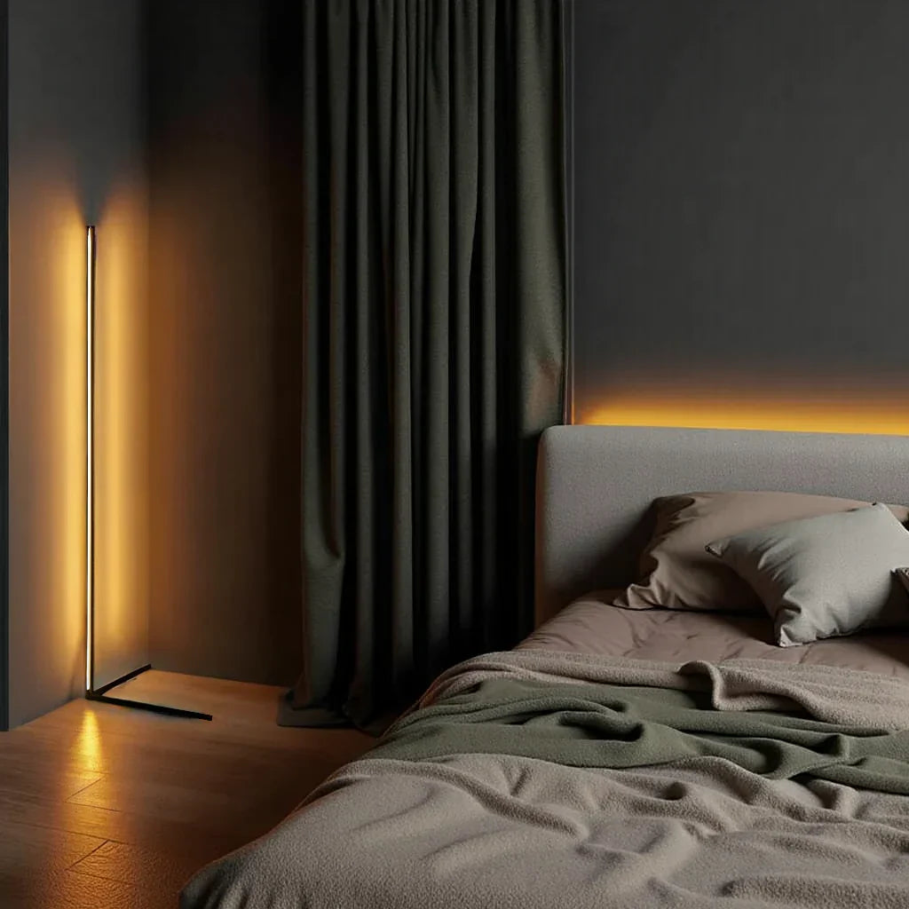 Wireless Remote LED Uplight with Adjustable Brightness for Bedroom, Living Room & Study Spaces | Modern Tall Pole Lamp in Black | Thomler