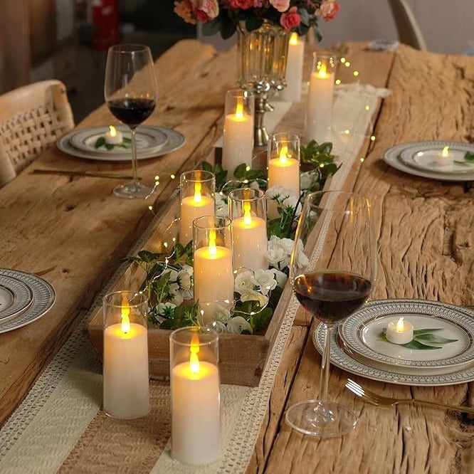 Remote-Controlled LED Pillar Candles 9-Piece Set with Timer for Living Room Bedroom Dining Decor Acrylic Battery-Powered Ivory | Thomler