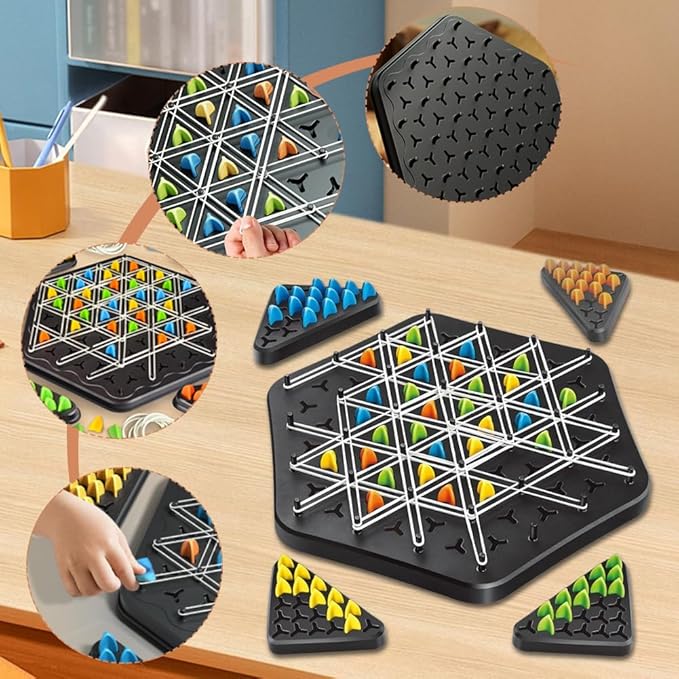 Strategisch driehoeksspel voor kinderen en volwassenen – Schermvrije logische puzzel met pionnen en elastiekjes voor een gezellige spelletjesavond | Thomler