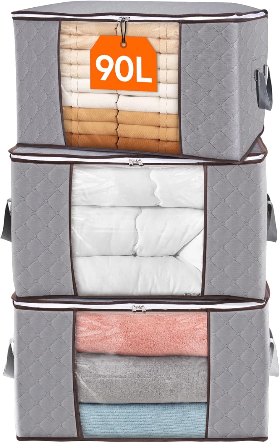 Fabric Closet Organizer Bin 24 Gallon Gray with Clear Window Collapsible Under Bed Storage Container for Comforters Seasonal Clothes Linens | Thomler