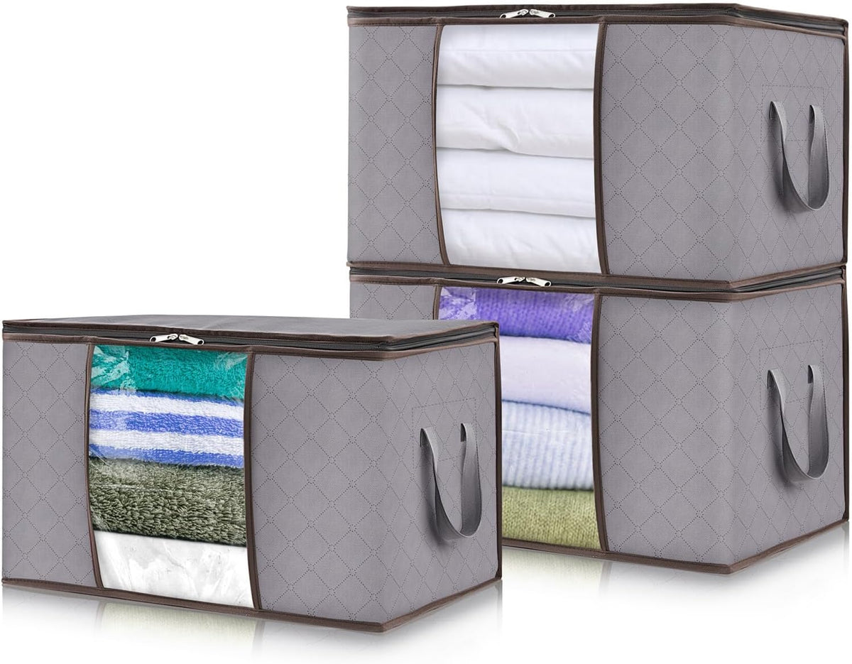 Fabric Closet Organizer Bin 24 Gallon Gray with Clear Window Collapsible Under Bed Storage Container for Comforters Seasonal Clothes Linens | Thomler