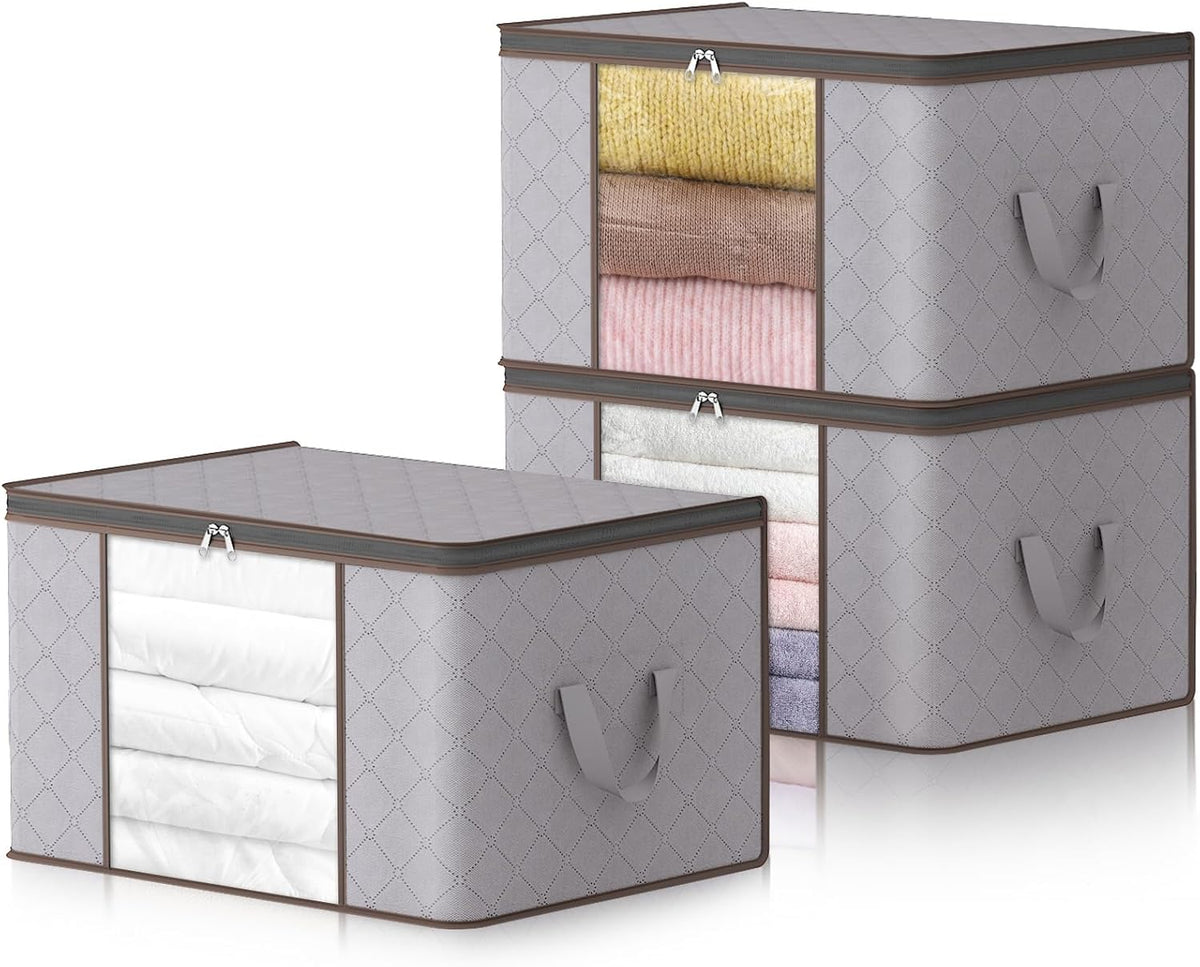 Fabric Closet Organizer Bin 24 Gallon Gray with Clear Window Collapsible Under Bed Storage Container for Comforters Seasonal Clothes Linens | Thomler
