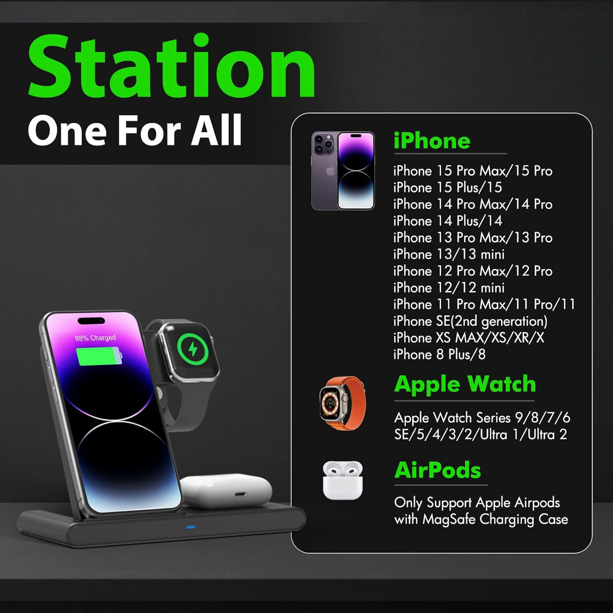 3-in-1 kabellose Schnellladestation für iPhone, Watch und AirPods