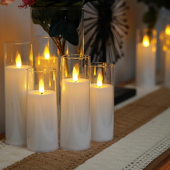 Remote-Controlled LED Pillar Candles 9-Piece Set with Timer for Living Room Bedroom Dining Decor Acrylic Battery-Powered Ivory | Thomler