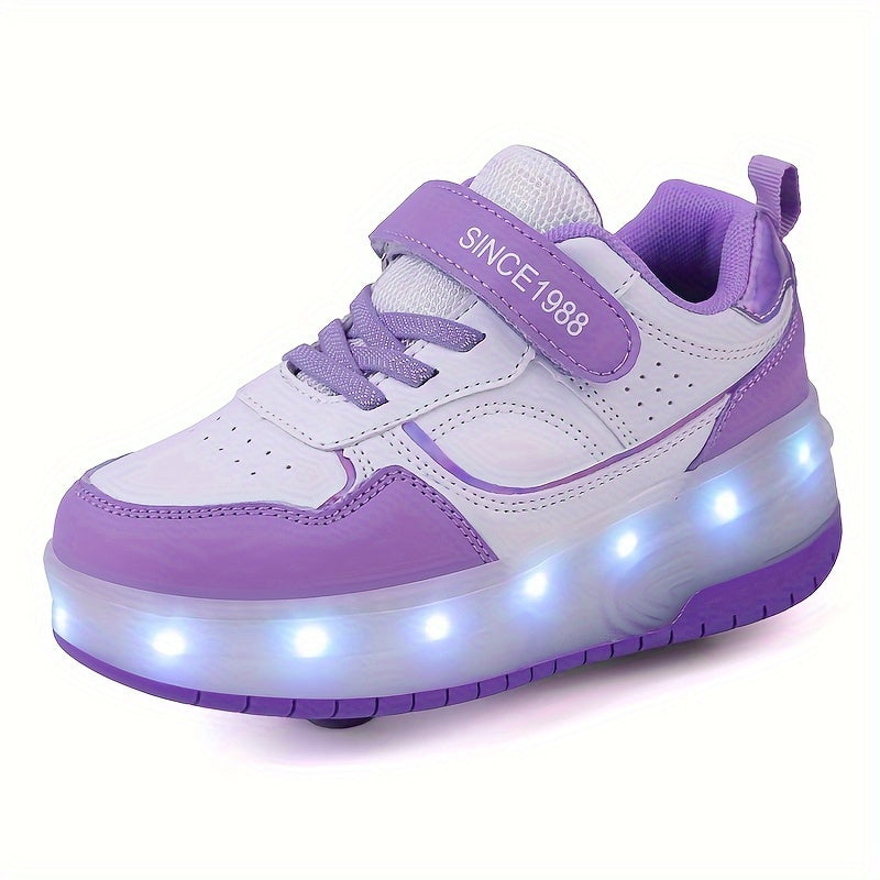 Leuchtende Rollschuh-Schuhe für Kinder mit abnehmbaren Rädern, lila, wiederaufladbare Sneaker für Jungen und Mädchen, Indoor- und Outdoor-Schuhe im Heelys-Stil | Thomler