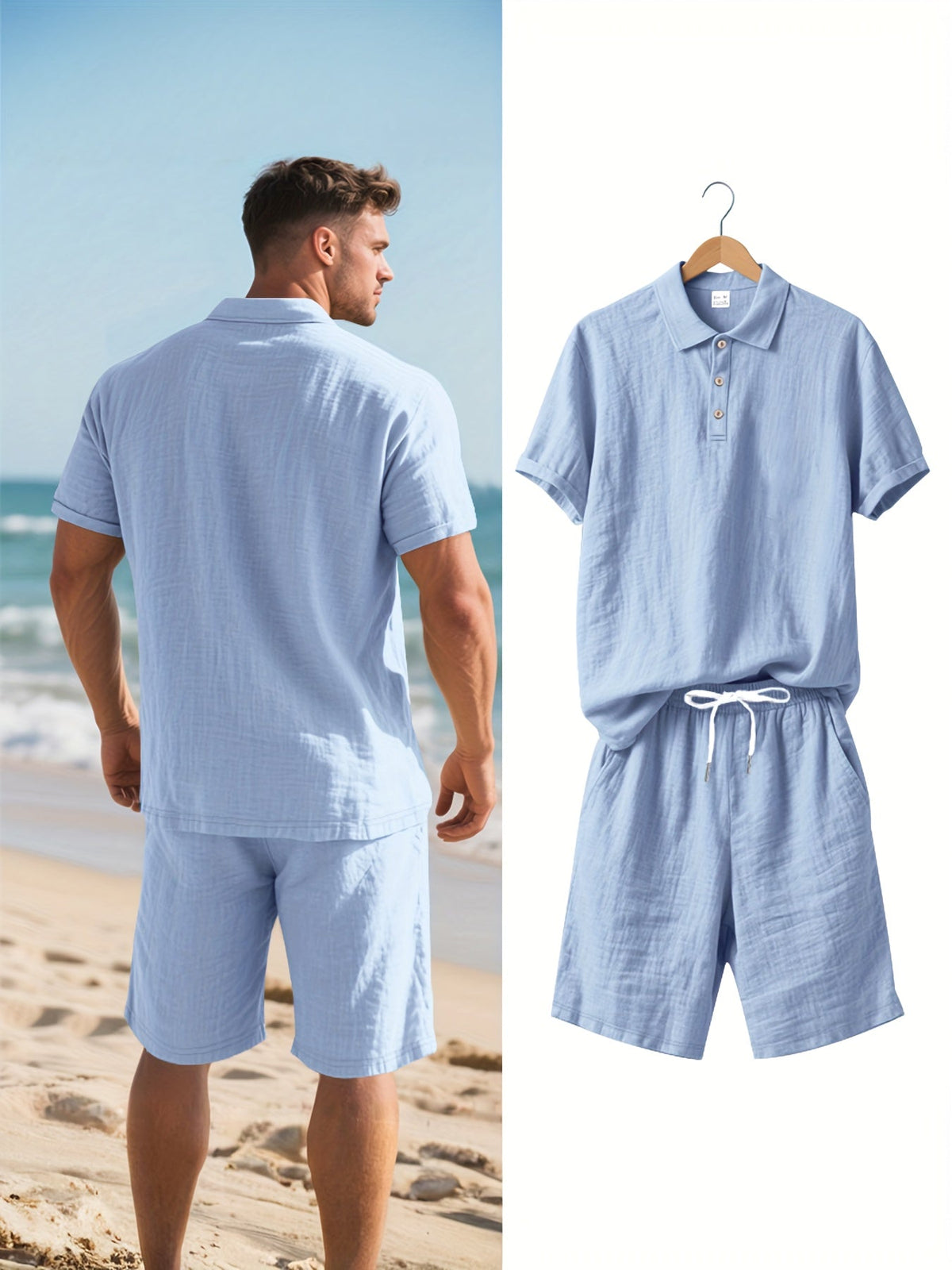 Herren-Set aus kurzärmligem Polohemd und Shorts aus Leinen, sommerliches Zweiteiler-Outfit, leicht und atmungsaktiv, Freizeitkleidung für warmes Wetter