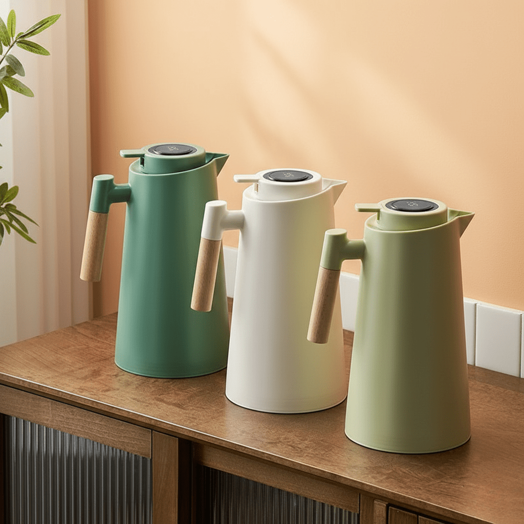 Botella de agua aislada con pantalla digital de temperatura de 34 oz, termo de acero inoxidable con asa de madera para café, té, bebidas frías y calientes, acampada | Thomler