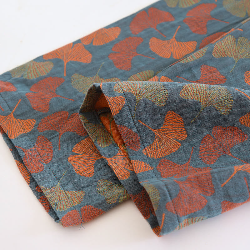 Dames pyjamaset van katoen met knoopsluiting – Nachtkleding met ginkgo-bladerenprint, bestaande uit top & broek voor ontspanning & slaap