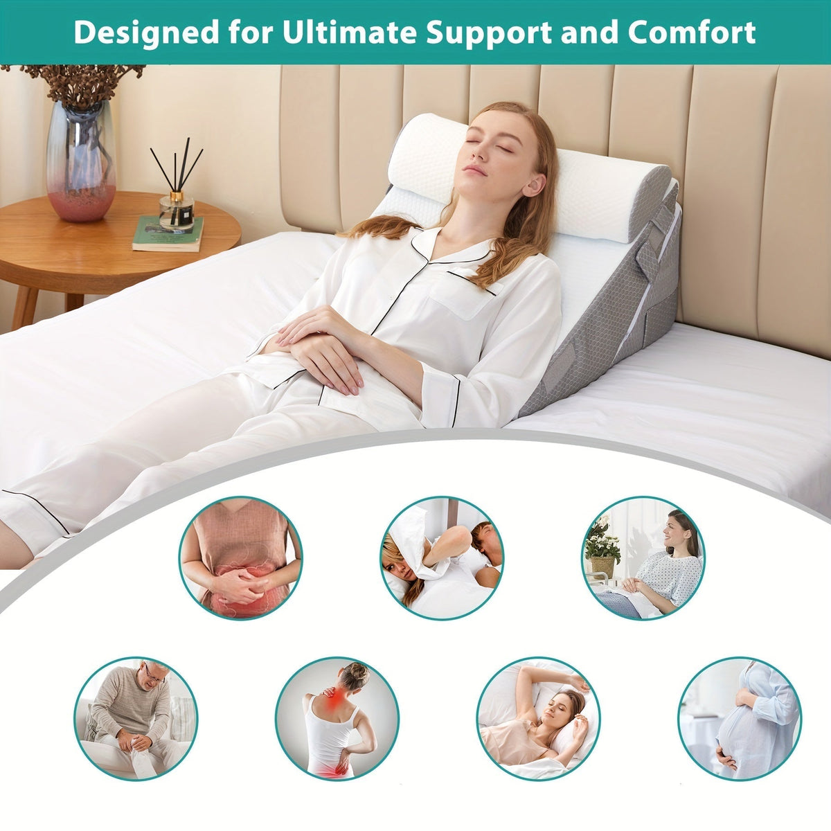 Adjustable Wedge Pillow for Bed – Elevating Support for Back, Legs & Knees with Memory Foam | Thomler