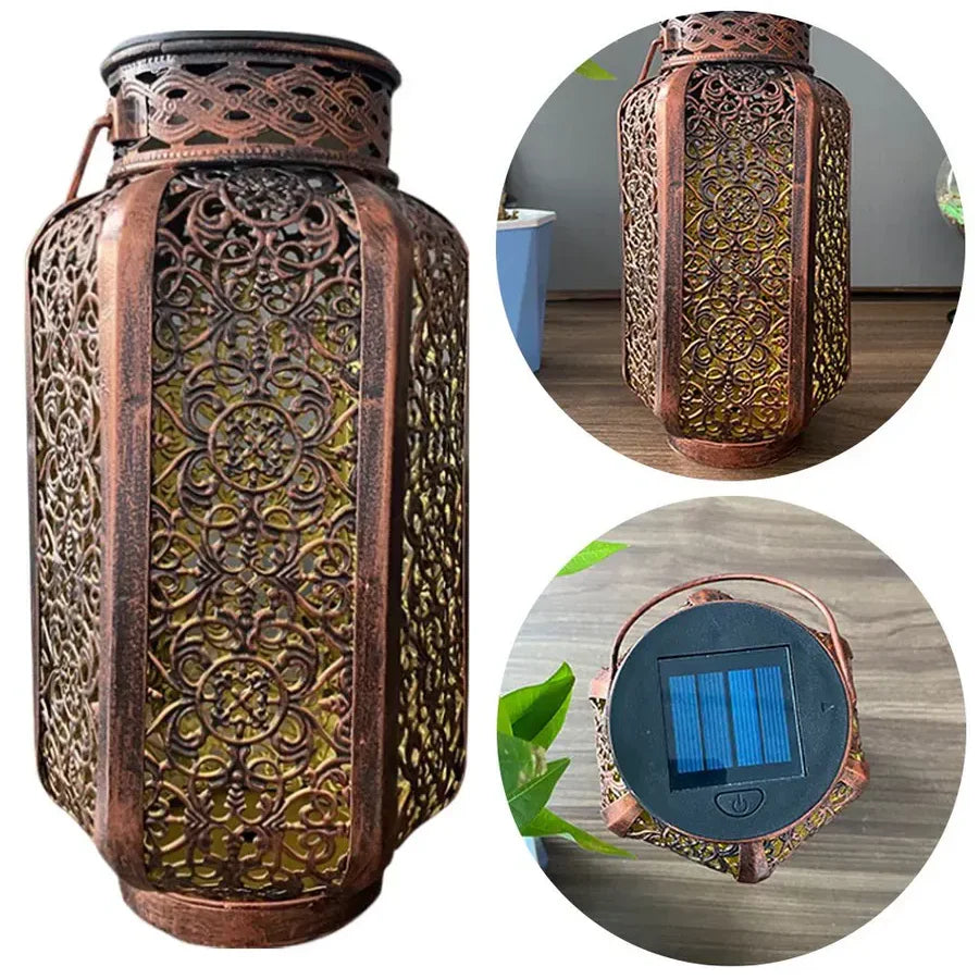 Door zonlicht opgeladen metalen tuinlantaarn met uitgesneden Marokkaans design voor verlichting op veranda, terras & in de tuin | Thomler