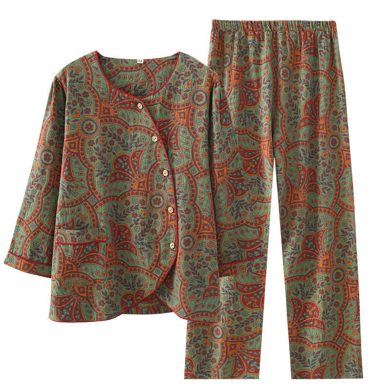 Dames katoenen pyjamaset, ronde hals, vintage jacquard, loungewear/nachtkleding met lange mouwen en knopen aan de zijkant voor lente, zomer en herfst