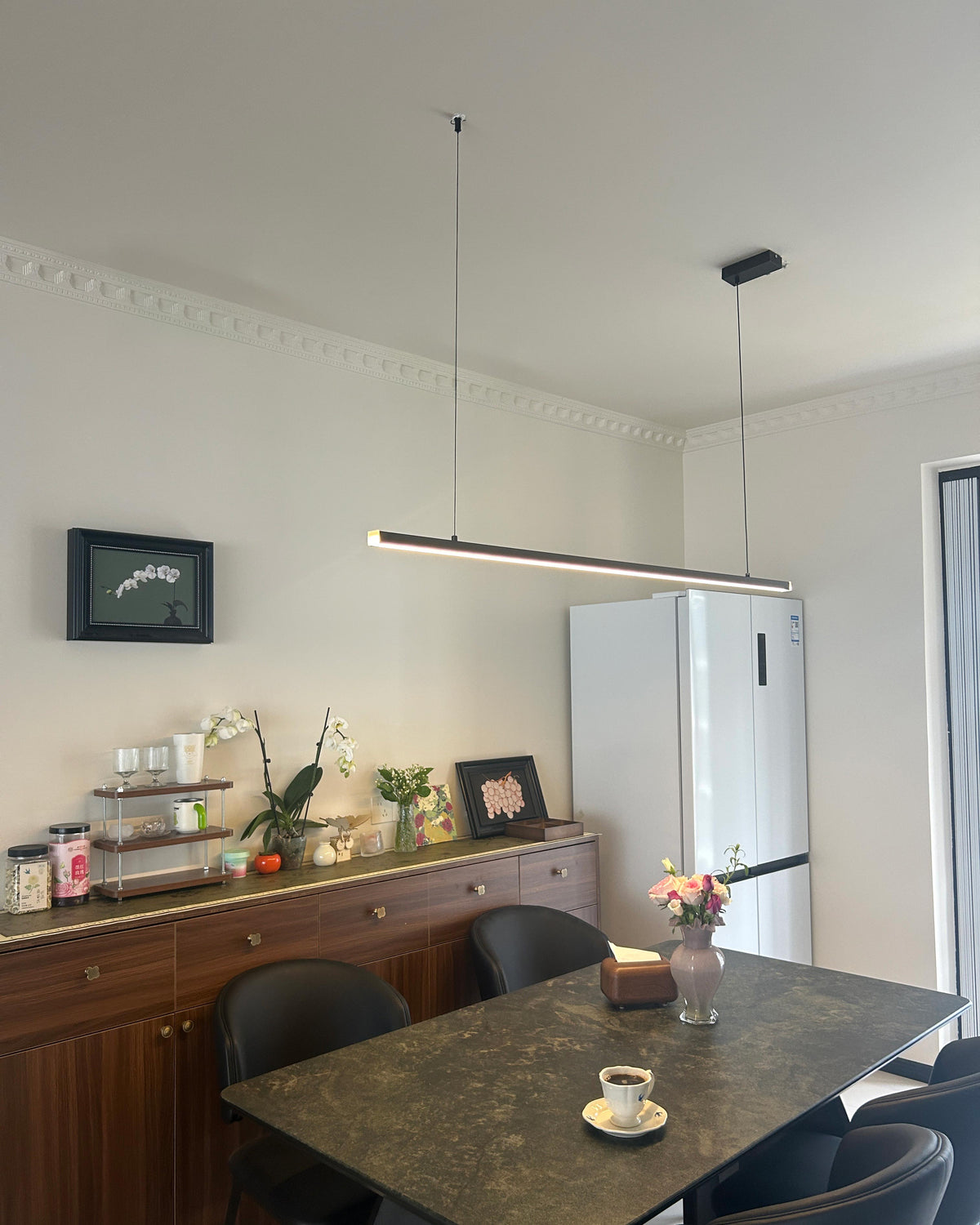 Suspended LED Strip Fixture for Countertop Islands – Dimmable Metal Bar Light with Remote in Matte or Gloss White – 39 to 102 in Adjustable