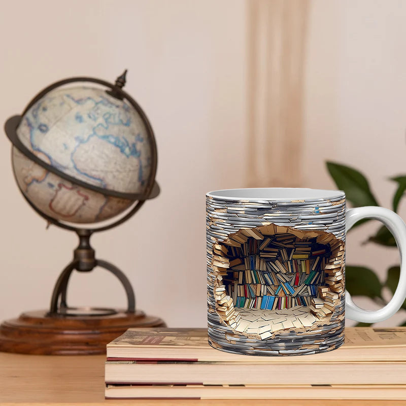 Ceramic Mug with 3D Bookshelf Wrap Design for Coffee Tea Hot Drinks Book Lovers Library Kitchen Microwave Dishwasher Safe Literary Gift | Thomler