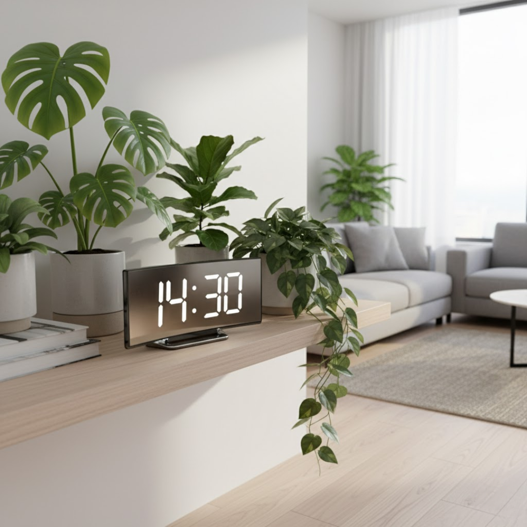 USB-betriebener LED-Wecker mit gebogenem Display, 17 × 7,1 × 3 cm, Backup-Batterie, Nachttischuhr mit großem Display für Schlafzimmer, Büro, Schreibtisch | Thomler