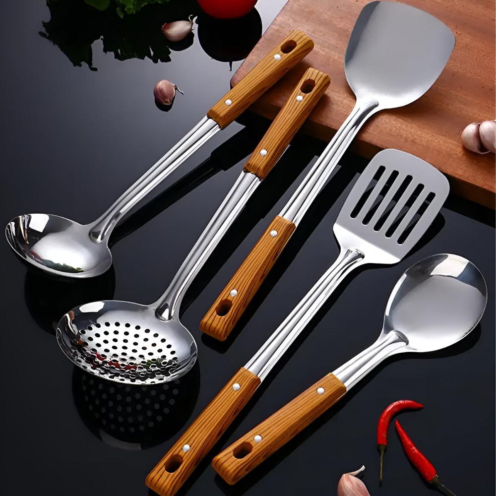 5-Piece Cooking Utensil Set with Wood Handles - Stainless Steel Serving Spoons Spatula Ladle for Nonstick Pans | Thomler