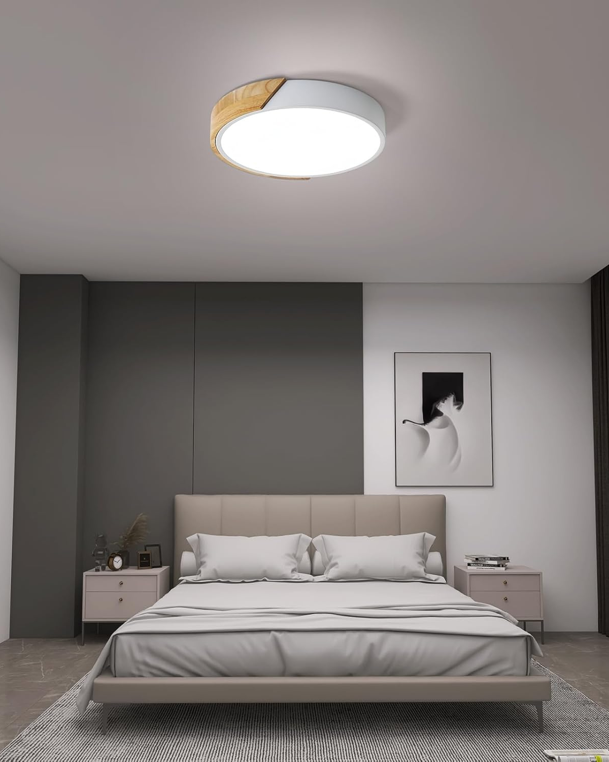 Ronde opbouwplafondlamp met houten accent en geïntegreerde LED – Moderne platte armatuur in 9, 12, 16, 20 en 24 inch maten voor Liv | Thomler