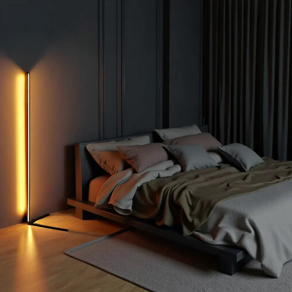 Wireless Remote LED Uplight with Adjustable Brightness for Bedroom, Living Room & Study Spaces | Modern Tall Pole Lamp in Black | Thomler