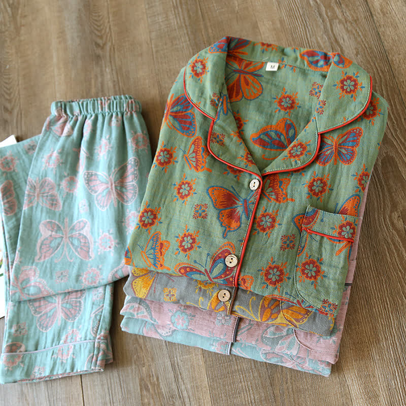 Damen Vintage Schlafanzug-Set aus Baumwolle mit Schmetterlingsprint, zweiteilige Nachtwäsche mit kurzen Ärmeln für Frühling, Sommer und Loungewear