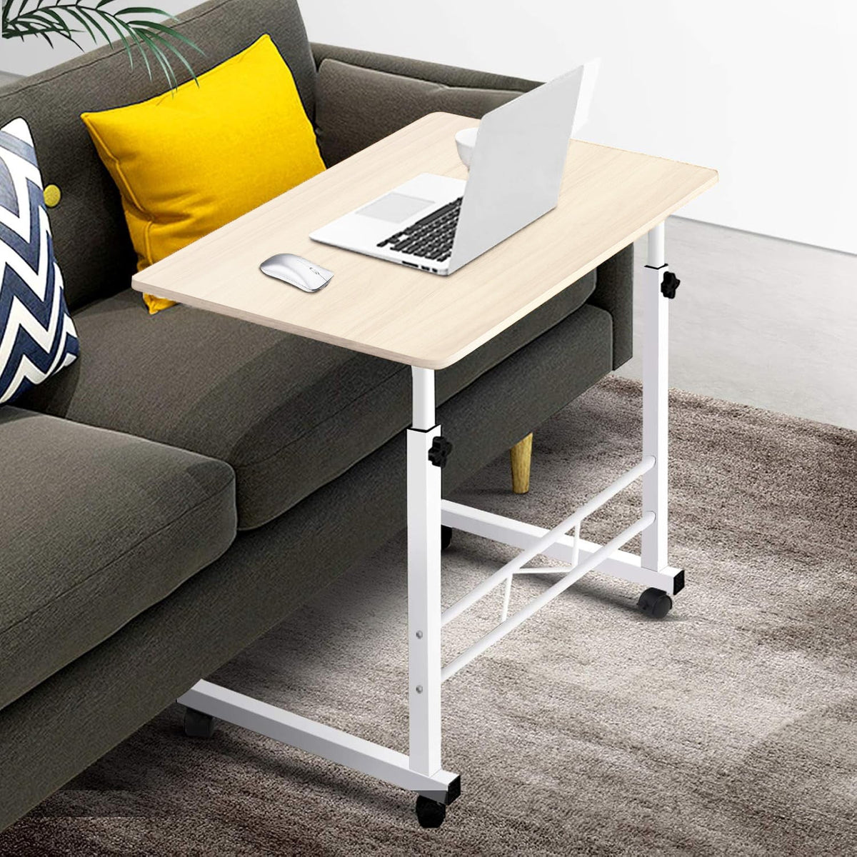 Rollbarer Laptoptisch mit höhenverstellbarem Stahlrahmen (70-88 cm) und Holzplatte, mobile Arbeitsstation für Schlafzimmer, Sofa, Home Office, kompaktes Design | Thomler