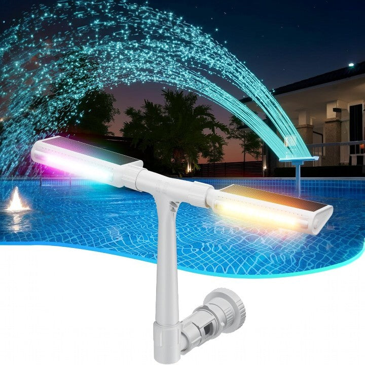 Fuente solar para piscina con luces LED que cambian de color, chorro de doble arco, 18 luces RGB, encendido automático al anochecer, inalámbrica y recargable, para piscinas sobre suelo Intex Bestway | Thomler