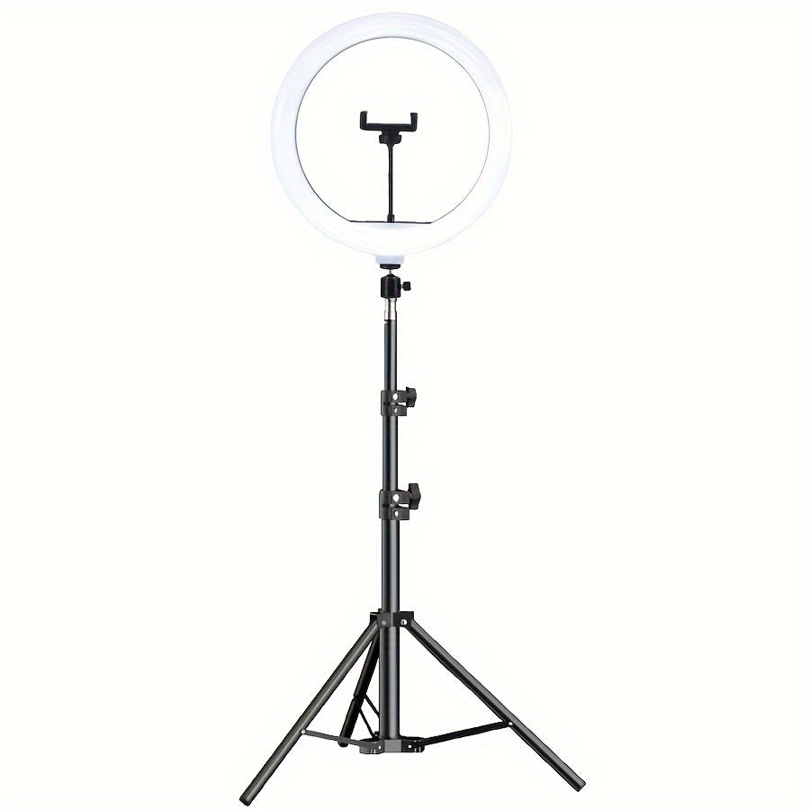 Ronde studiolamp met uitschuifbaar statief en apparaathouder voor video-opnames, fotografie en live streaming