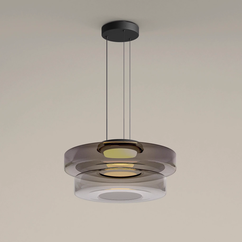 Stacked Glass Shade Ceiling Fixture 18 in Diameter Adjustable Height 12W Warm LED Kitchen Island Dining Room Modern Sculptural Hanging Light | Thomler