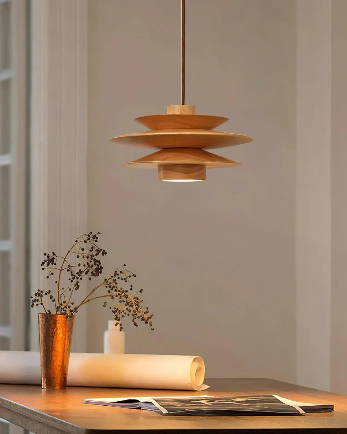 Layered Rubberwood Pendant Light Walnut Finish Ceiling Fixture Dining Room Living Room Ambient Lighting Modern Natural Wood Chandelier Warm | Thomler