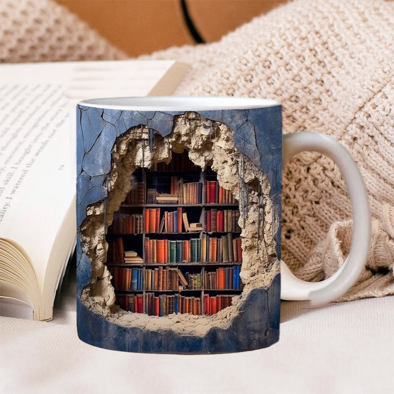 Ceramic Mug with 3D Bookshelf Wrap Design for Coffee Tea Hot Drinks Book Lovers Library Kitchen Microwave Dishwasher Safe Literary Gift | Thomler