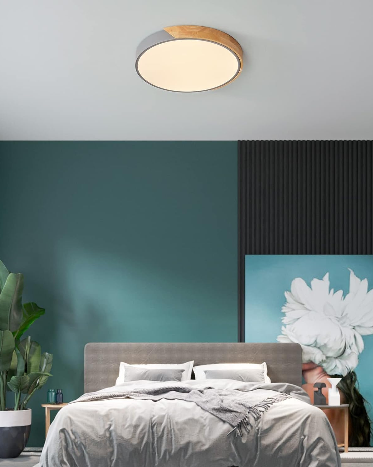 Ronde opbouwplafondlamp met houten accent en geïntegreerde LED – Moderne platte armatuur in 9, 12, 16, 20 en 24 inch maten voor Liv | Thomler